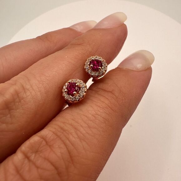 3mm ruby and cz diamonds, rose gold over sterling silver stud earrings! - Picture 4 of 6